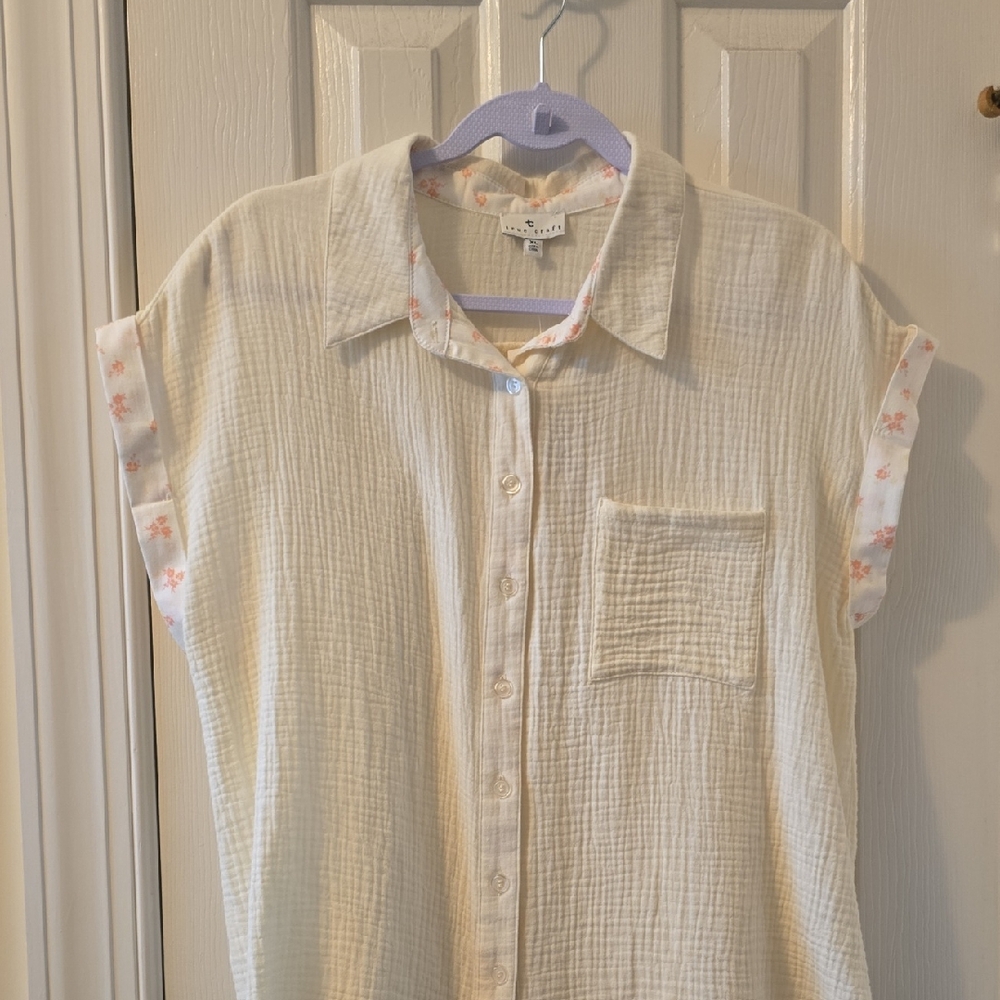 TRUE CRAFT WOMEN'S IVORY & PINK SHORT SLEEVES COTTON SUMMER BUTTON TUNIC TOP XL